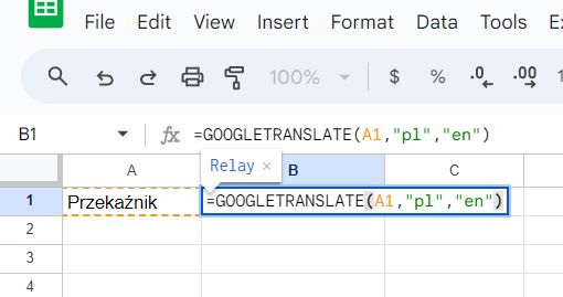 Google Sheet with GOOGLETRANSLATE formula translating the word Przekaźnik.