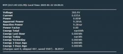 Screen of electrical energy parameters with values for voltage, current, and power.