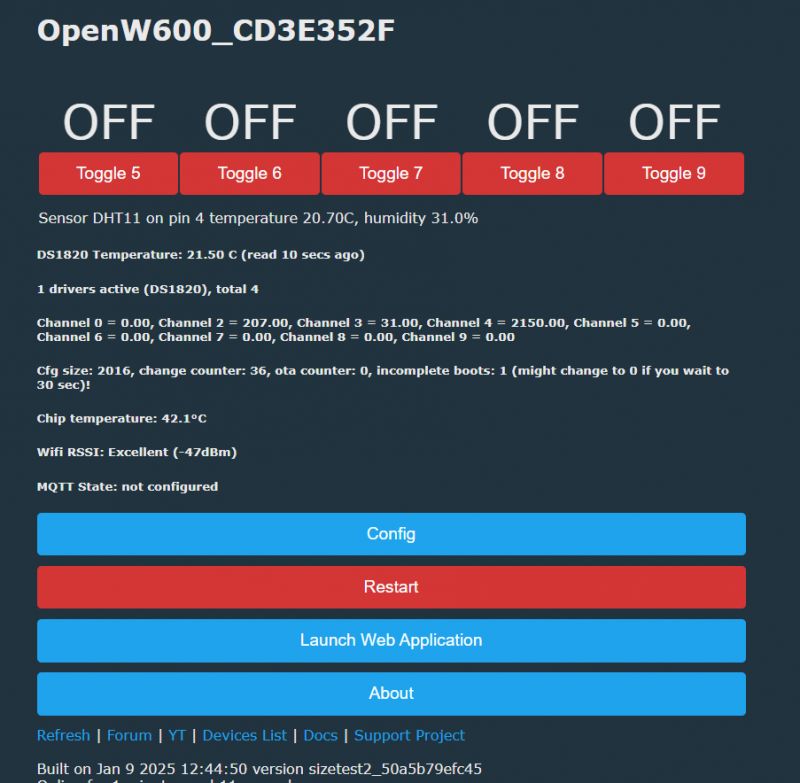 User interface on the OpenW600 configuration page with temperature and humidity information.