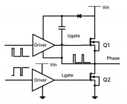 Converter Circuit Diagram with Bootstrap Capacitor and MOSFETs Electronic circuit diagram of a converter with bootstrap capacitor and MOSFET transistors