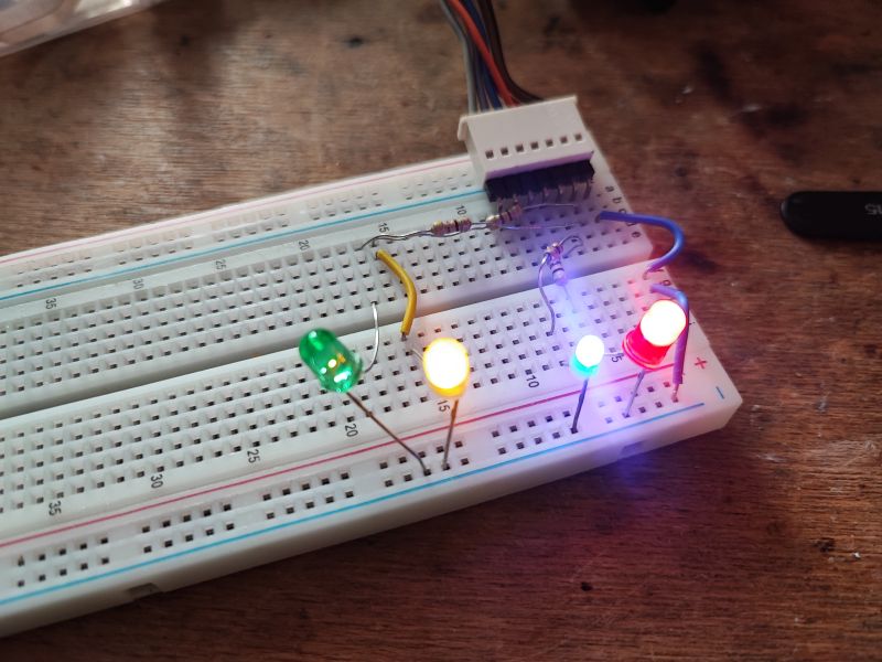 LEDs on a Prototype Board Prototype board with multicolored LEDs