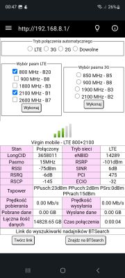 Zrzut ekranu z ustawieniami LTE w aplikacji na telefonie, pokazujący wybór pasm i szczegóły połączenia.