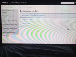 Ekran telewizora z widocznymi ciemnymi pionowymi pasami na jasnym tle