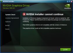 Komunikat błędu NVIDIA Installer wskazujący na brakujące komponenty.