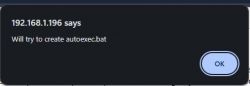 Browser message with IP address 192.168.1.196 indicating an attempt to create an autoexec.bat file.