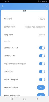 Sensor settings screen showing notification options for errors, tests, alarms, and battery level.