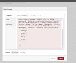 Screenshot of Node-RED interface for importing flows with JSON code.