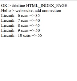 Screenshot of a browser displaying a simple HTML page from ESP01, with Polish messages about websocket connection and a list of counters and times.