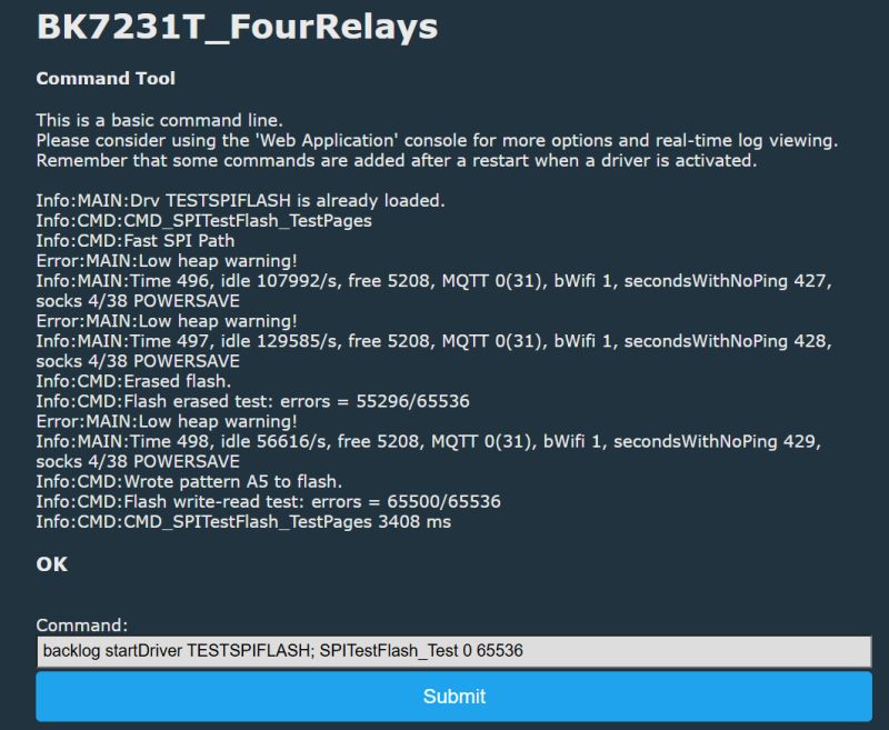 Zrzut ekranu z interfejsu BK7231T_FourRelays pokazujący wyniki testu SPIFlash