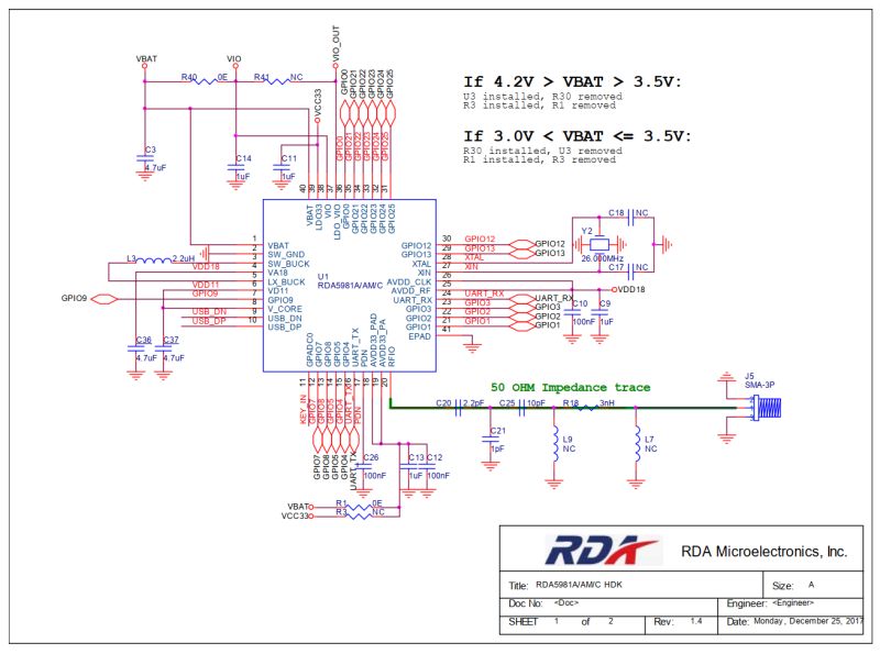 Schematic of RDA5981A chip with passive components, RF path and GPIO connectors.