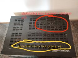 Wzmacniacz ONKYO TX-SR508 z oznaczeniami problematycznych sekcji.