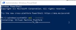 WSL Installation in Windows PowerShell Screenshot of Windows PowerShell window running wsl --install command, installation progress at 74.1%.