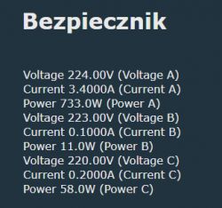 Screenshot displaying electrical data for voltage, current, and power for three phases.