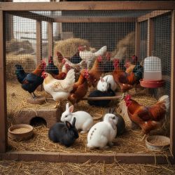 Cage with chickens and rabbits on straw, surrounded by feeders and a waterer.