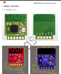 Diagram of W600 interface module with pin labels and dimensions.