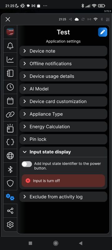 Shelly app settings screen showing configuration options for a Wi-Fi device