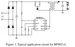 Schemat układu aplikacyjnego BP9021A z transformatorem i diodami LED.