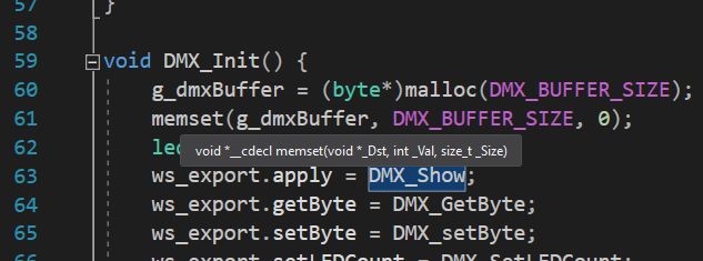 Screenshot of code editor showing DMX_Init function using memset in C