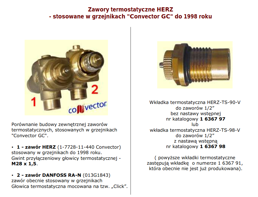 Zawory termostatyczne \"HERZ\" (typ HERZ-TS-90-V wersja specjalna Convec