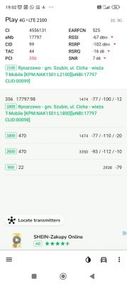 Zrzut ekranu z aplikacji NetMonster pokazujący dane sieci 4G LTE 2100.