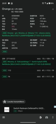Zrzut ekranu aplikacji Net Monster z informacjami o sieci Orange 4G LTE 2600 i 5G NSA 3500.