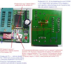 Modified CH341 programmer with highlighted PCB trace cuts, jumper wires, and component changes.