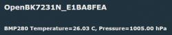 Screenshot displaying the OpenBK7231N_E1BA8FEA identifier and BMP280 readings: temperature 26.03°C and pressure 1005.00 hPa.