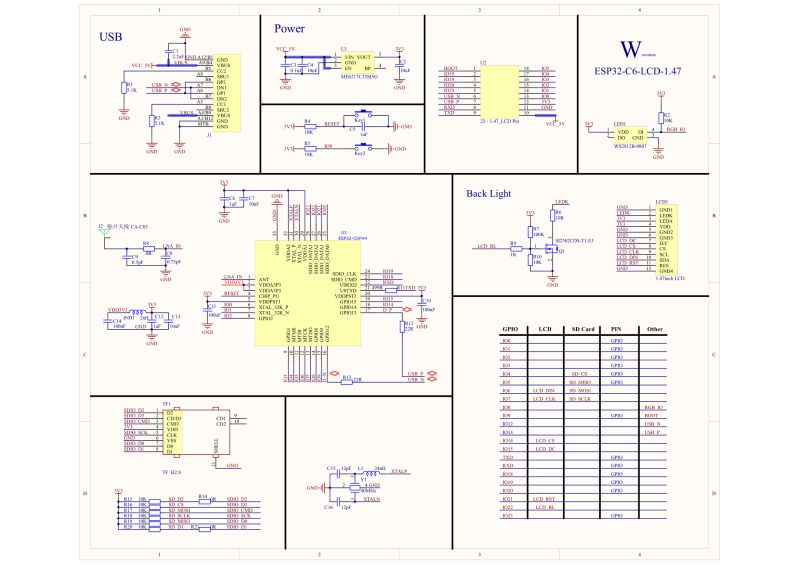 Schemat elektryczny modułu ESP32-C6-LCD-1.47 z podziałem na sekcje USB, zasilanie, LCD i GPIO