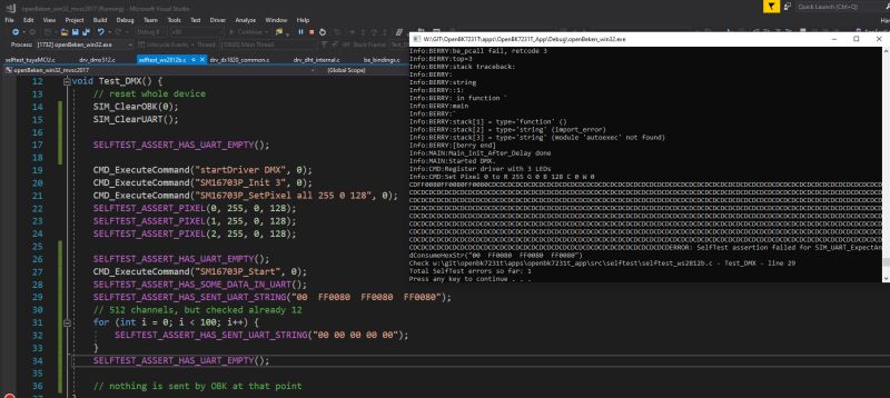 Visual Studio showing DMX test code with console output indicating UART test failure