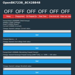 OpenBK7238 control panel displaying zero energy readings and all switches off