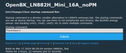 Screenshot of the OpenBK_LN882H_Mini_16A_noPM interface with a startup command field.