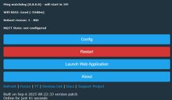 Device control panel with buttons: Config, Restart, Launch Web Application, and About