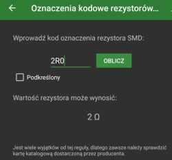 App screen showing SMD code “2R0” and calculated resistor value of 2 Ω