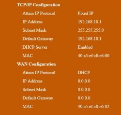 Konfiguracja IP pokazująca ustawienia TCP/IP i WAN