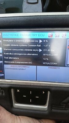 Ekran diagnostyki silnika pokazujący parametry ECU.