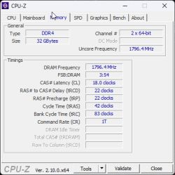 Zrzut ekranu z zakładki Memory programu CPU-Z, przedstawiający informacje o pamięci RAM DDR4 o pojemności 32 GB, pracującej w trybie dual channel z częstotliwością 1796,4 MHz i opóźnieniami CL18-22-22-42.
