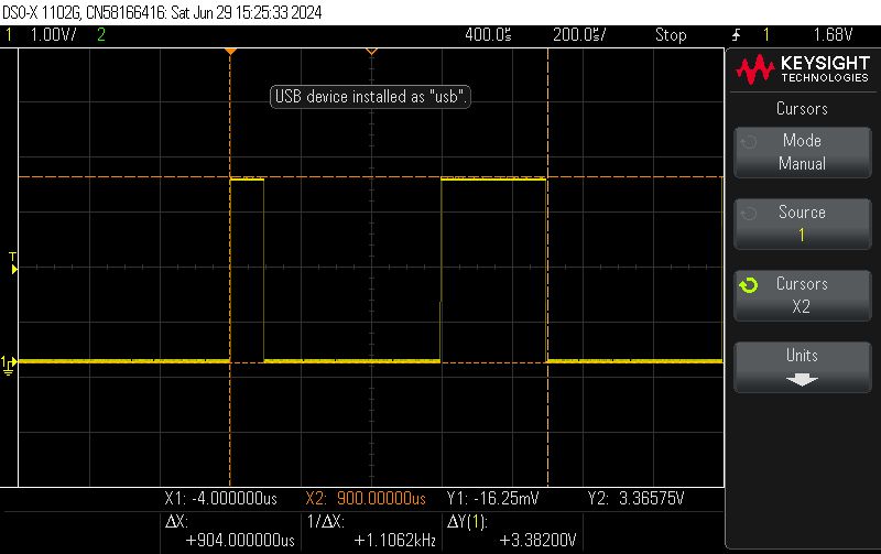 Oscilloscope Screenshot - PWM Signal Oscilloscope screenshot showing a PWM signal in rectangular waveform.
