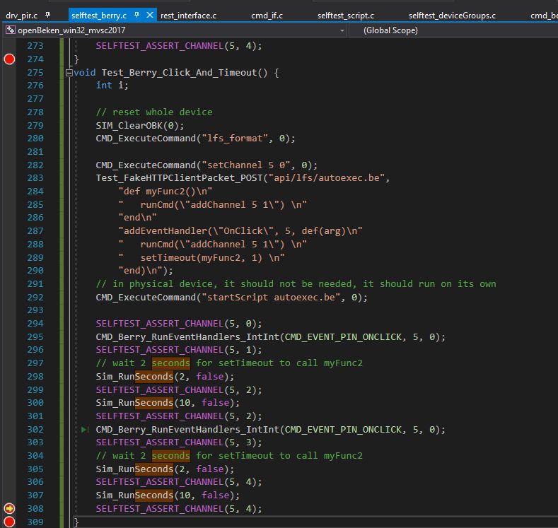Screenshot of Visual Studio Code with the selftest_berry.c file open, showing a function for testing click and timeout in Berry.