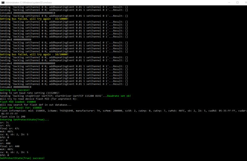 Windows console showing communication logs with BK7231N device via UART