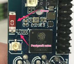 Close-up of an ESP32‑S3 PCB with a red SMD part marked “C3” and arrows labeling the antenna path and switch