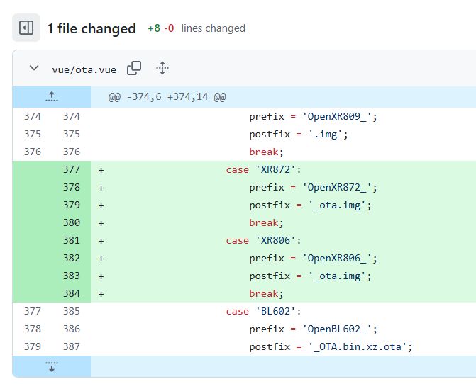 Code change in vue/ota.vue: XR872 and XR806 cases added with specific prefixes and postfixes