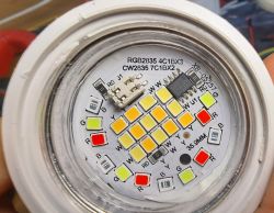 Interior of a 5W Smart LED bulb 500lm GU10 showing the circuit board and chip.