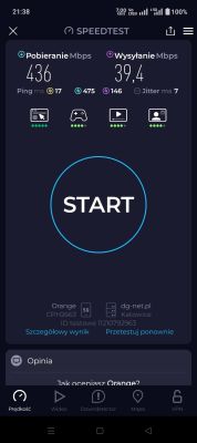 Zrzut ekranu z aplikacji Speedtest; pobieranie 436 Mbps, wysyłanie 39,4 Mbps w sieci 5G Orange
