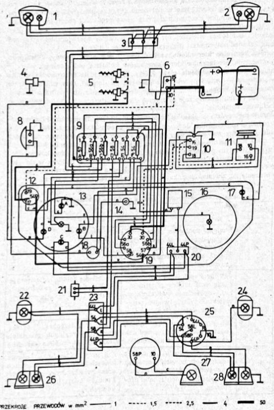 Schemat instalacji elektrycznej pojazdu z oznaczeniami elementów i przebiegiem przewodów.