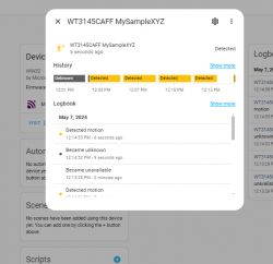 Home Assistant UI showing motion detection history for a device.