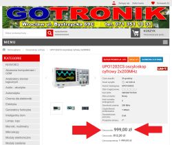 Zrzut strony GOTRONIK z ofertą oscyloskopu UNI-T UPO1202CS i ceną 999,00 zł zaznaczoną strzałkami