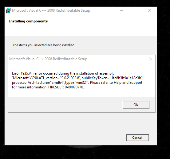 Ошибка 1935 при установке visual c на windows 10