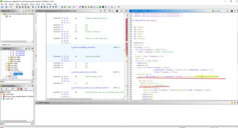 Screenshot of a reverse engineering program, showing source and decompiled code.