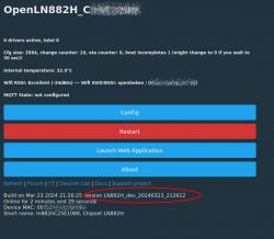 Screenshot of the OpenLN882H interface with diagnostic information, configuration buttons, and software version details.