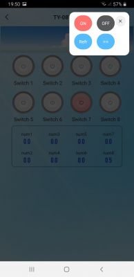 SmartLife app screen with eight switches and numerical values.